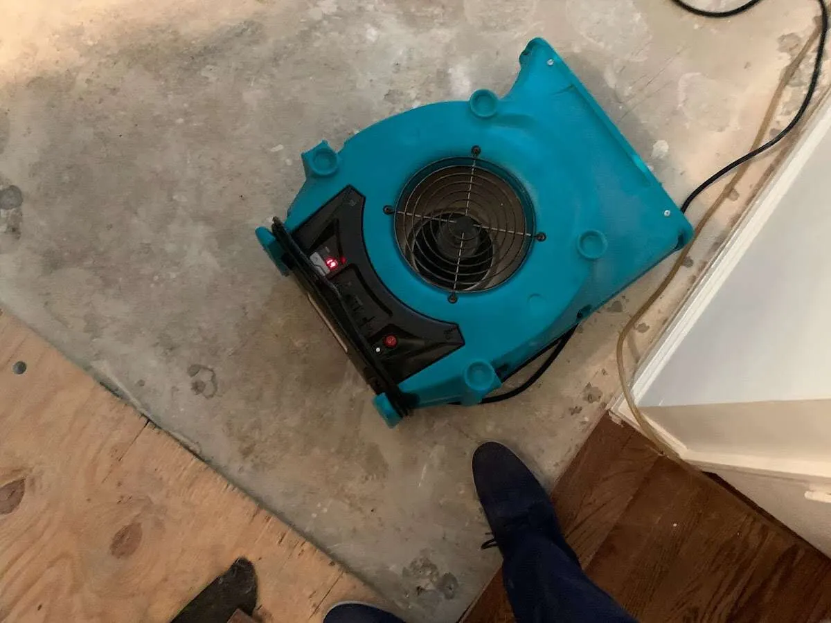 Air mover drying subfloor during Leak Detection & Repair in Roanoke Rapids